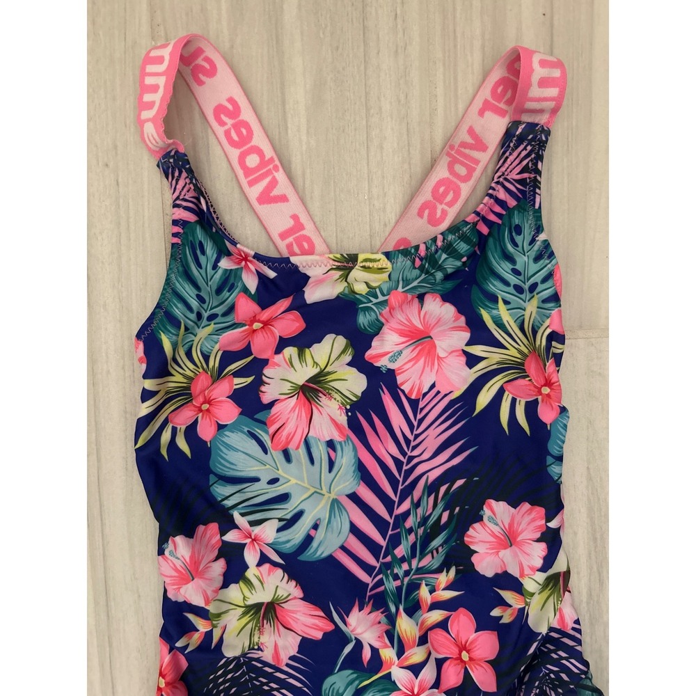 Girls Tropical Floral One Piece Swimsuit Summer Vibes Pink Crossback Navy Pink - Picture 4 of 4